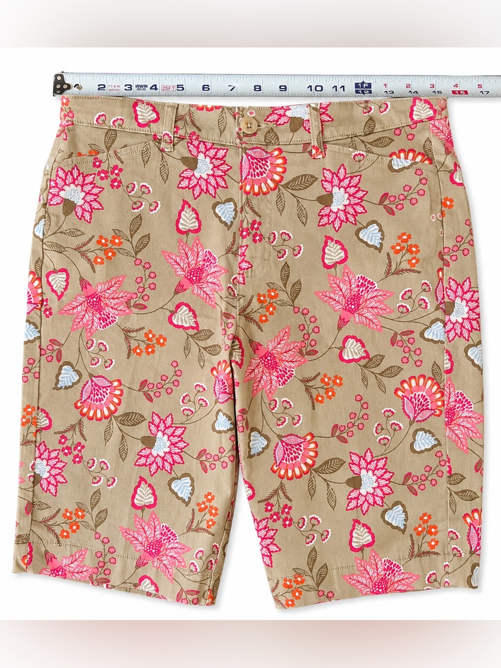 St. John's Bay Beige Bermuda Shorts with Pink Floral Print NWOT 8 - Picture 2 of 7